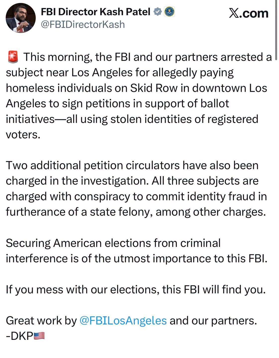 الـ FBI يطيح بعصابة تزوير عرائض في سكيد رو: مشردون يُدفع لهم للتوقيع بهويات ناخبين مسروقة